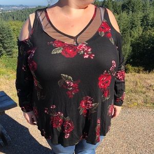 Black floral cold shoulder blouse
